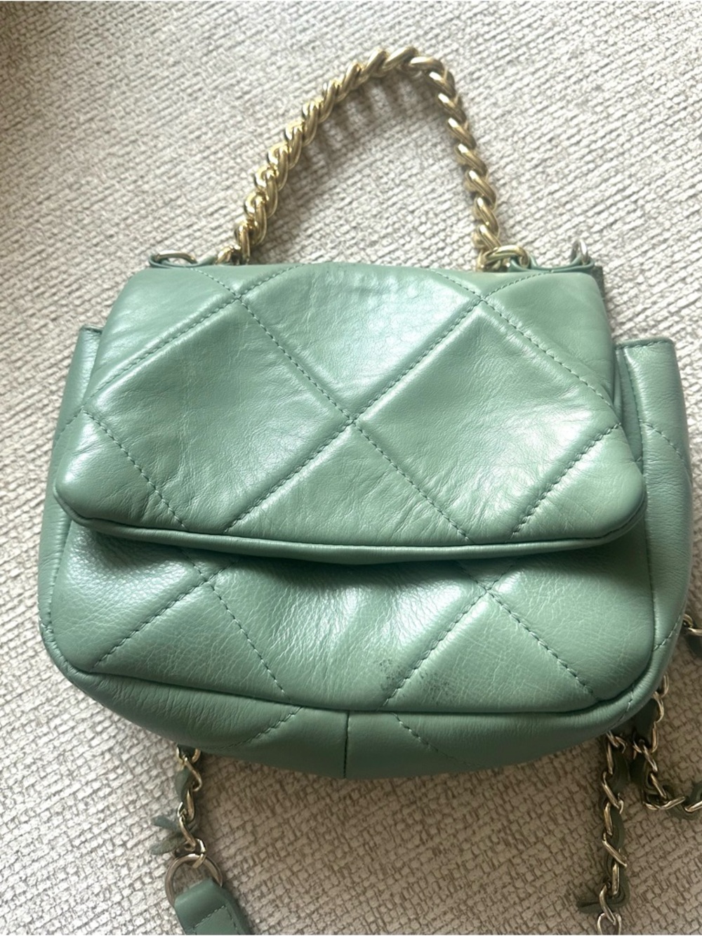 Anna Paola Quilted Mint Green Leather Shoulder Bag with Gold Chain